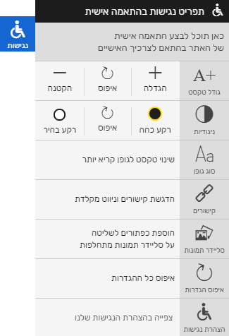 הדמיה לתצוגת תפריט נגישות כאשר הוא פתוח